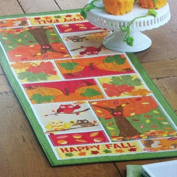 Other - Table Runner Fall Leaves Pumpkins Owls Thanksgiving 13x36